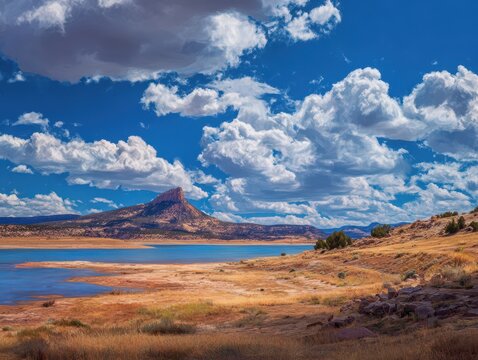 Breathtaking View of Cerro Pedernal from Abiquiu Reservoir: Land of Enchantment with Clouds, Blue Sky, and Reflecting Lake
