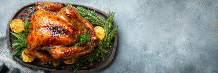 Roasted turkey on platter ready for christmas dinner, copy space, banner