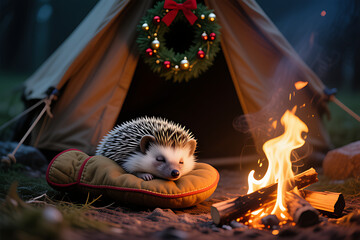 Adorable Hedgehog Sleeping in a Cozy Tent by a Campfire, Decorated with a Christmas Wreath, Festive Winter Camping Scene

