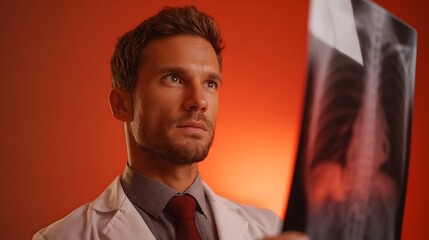 A dedicated male doctor in a white lab coat intently examines an X ray radiograph his serious gaze scrutinizing the skeletal and anatomical details
