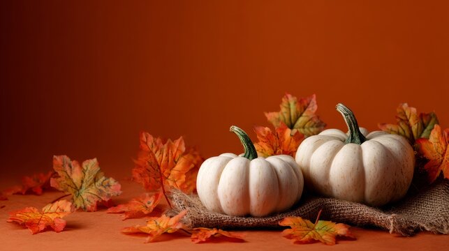 White pumpkins with autumn leaves on rustic hessian, copy space