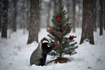 Adorable Badger Decorating a Mini Christmas Tree with Berries in a Snowy Forest, Festive Winter Holiday Charm

