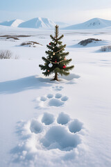 Adorable Polar Bear Approaching a Decorated Christmas Tree in a Vast Snowy Arctic Landscape, Festive Winter Magic

