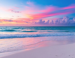 Fototapeta premium A tropical paradise beach with white sand, azure sea, and pink clouds