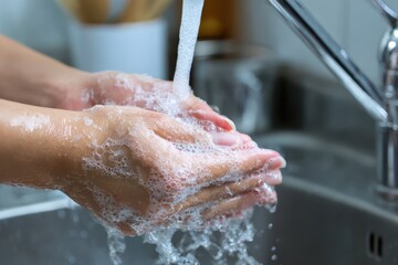 Fototapeta premium Detailed View of a Housekeeper's Hands Cleaning with Foam Handsoap at the Kitchen Sink