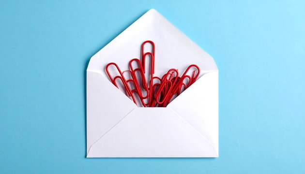 White envelope with red paperclips spilling out against a blue background, top-down perspective - Powered by Adobe