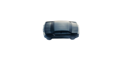 Dark gray sedan, viewed from directly above with subtle fog effect, cutout, PNG, isolated on white or transparent background, AI