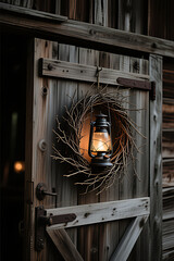 Cozy Rustic Winter Scene with a Glowing Lantern and Twig Wreath on a Wooden Door, Warm Holiday Ambiance

