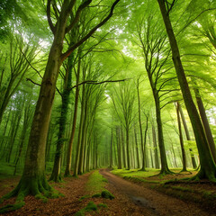 Fototapeta premium Beautiful shot of a trekking trail in a forest with tall green trees shining under the sunlight