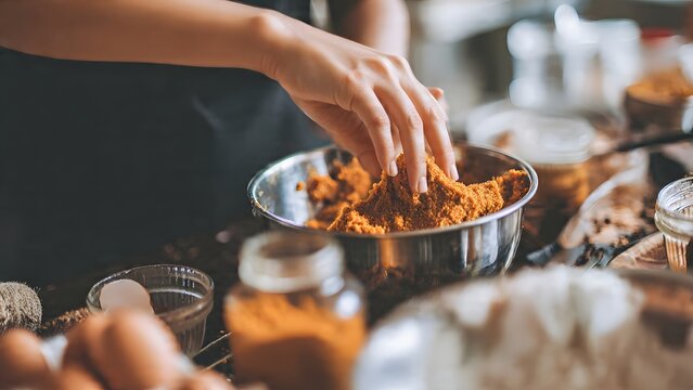 A person's hands are manually mixing and crumbling rich orange-brown dough or batter in a large metal bowl. Raw eggs and other baking ingredients create a cozy, homemade food preparation scene.