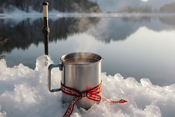 Steaming Hot Chocolate Mug on a Block of Ice with a Festive Red Ribbon, Cozy Winter Contrast

