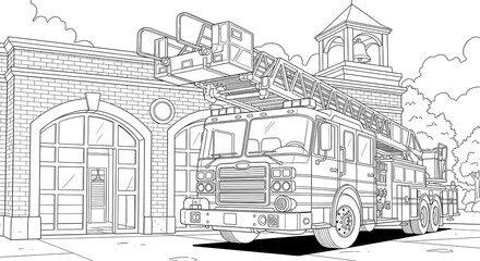 Fire truck parked outside fire station with tall ladder coloring page illustration