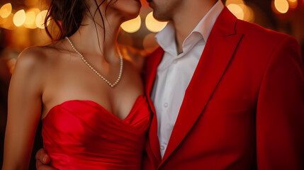 Couple in elegant suit and luxurious red evening gown attend a romantic nighttime party, exuding sophistication and glamour in their stylish attire under the event lights.