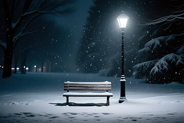 Serene Winter Night in a Snowy Park with an Empty Bench and Glowing Streetlamp, Peaceful and Magical Atmosphere

