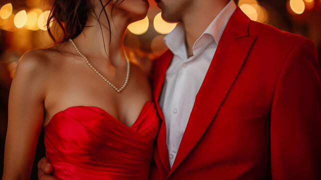 Couple in elegant suit and luxurious red evening gown attend a romantic nighttime party, exuding sophistication and glamour in their stylish attire under the event lights.