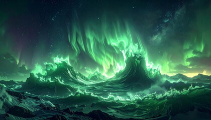 Vivid aurora borealis dances over a turbulent, icy, mountainous seascape under a star-filled night sky