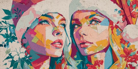 A vibrant, fragmented graffiti mural depicts two women's faces in profile, rendered in bold, contrasting pastel colors with stylized floral elements. Each woman wears a whimsical Santa hat