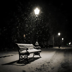 Serene Winter Night in a Snowy Park with an Empty Bench and Glowing Streetlamp, Peaceful and Magical Atmosphere


