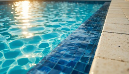 Obraz premium Sunlight reflecting on clear blue water surface by textured poolside edge during daytime
