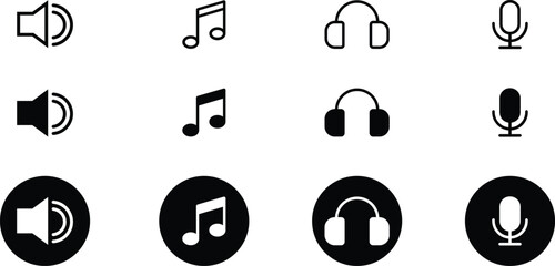 Music icon set speaker, headphones and microphone outline and silhouette. minimalist vector illustration.
