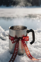 Steaming Hot Chocolate Mug on a Block of Ice with a Festive Red Ribbon, Cozy Winter Contrast

