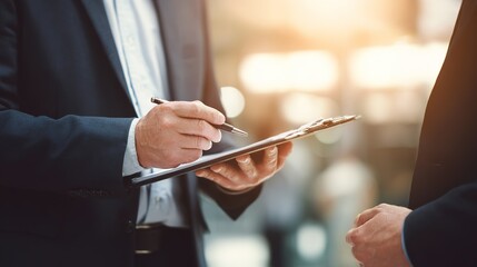 Insurance Agent Presenting Policy Highlights on Tablet in Modern Office Environment Professional Interaction Informative Meeting Engaging Discussion