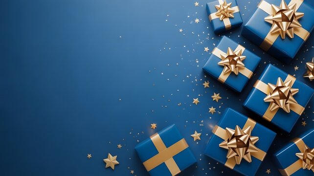 Elegant Christmas Holiday Flat Lay with Blue and Gold Gifts and Decorations