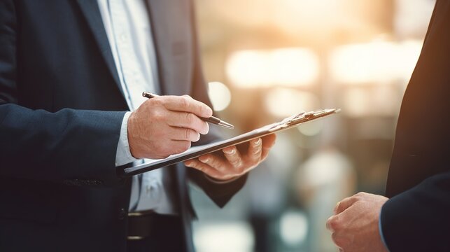 Insurance Agent Presenting Policy Highlights on Tablet in Modern Office Environment Professional Interaction Informative Meeting Engaging Discussion