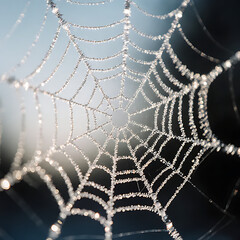 Magical Frost-Covered Spiderweb Glowing in the Sunrise Light, Delicate Winter Nature Macro

