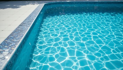 Clear blue water shimmering under sunlight in a pristine swimming pool edged with mosaic tiles