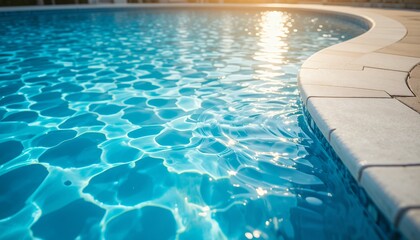 Obraz premium Sunlit clear blue water ripples in a modern outdoor swimming pool with tiled edging