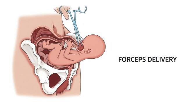 Diagram illustrating fetal presentation and forceps during delivery procedure illustration