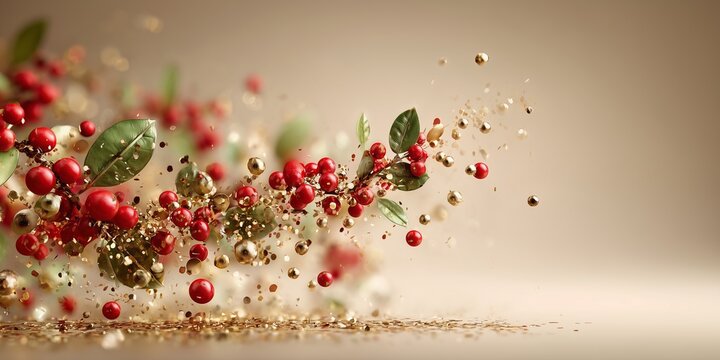 A dynamic composition featuring an abundance of falling metallic gold and silver confetti, mixed with vibrant red holly berries and delicate green pine needles.