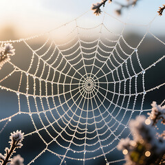 Magical Frost-Covered Spiderweb Glowing in the Sunrise Light, Delicate Winter Nature Macro

