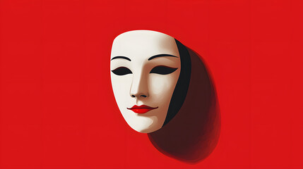 Mask in the Shadows: A captivating mask, its serene features contrasting dramatically against a vibrant red backdrop, suggesting hidden depths and enigmatic narratives.