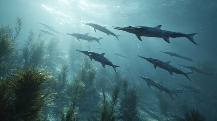 A Heroic Encounter: Ichthyosaurs Swimming Gracefully Over Jurassic Seaweed
