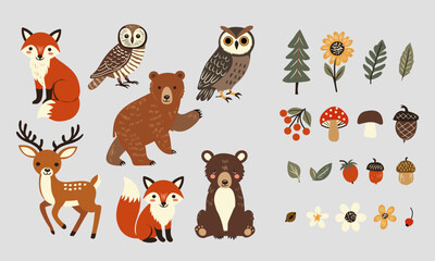 Cute woodland animals and forest elements set in a warm autumn palette. Includes foxes, bears, owls, deer, trees, mushrooms, acorns, berries, and leaves. Perfect for stickers, patterns, cards