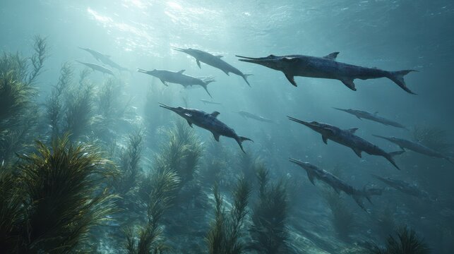 A Heroic Encounter: Ichthyosaurs Swimming Gracefully Over Jurassic Seaweed