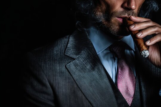 Dapper Gentleman: A Stylish Man in a Suit Posing Against a Dark Backdrop While Enjoying a Cigar