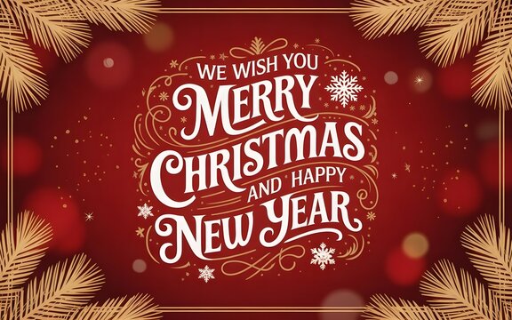Elegant "Merry Christmas and Happy New Year" Greeting on Red Bokeh Background
