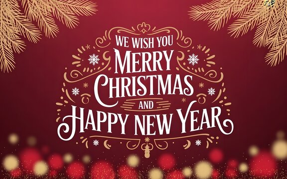 Elegant "Merry Christmas and Happy New Year" Greeting on Red Bokeh Background