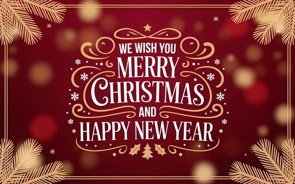 Elegant "Merry Christmas and Happy New Year" Greeting on Red Bokeh Background