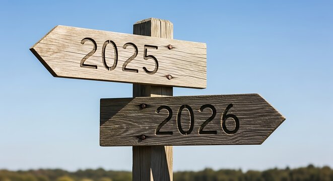 Wooden Signpost with Arrows for Years 2025 and 2026, Symbolizing Future Choices, Planning, and New Beginnings Against a Blue Sky