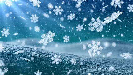 Snowflakes falling on a winter landscape with blue background - Concept of Christmas and New Year background   - Powered by Adobe