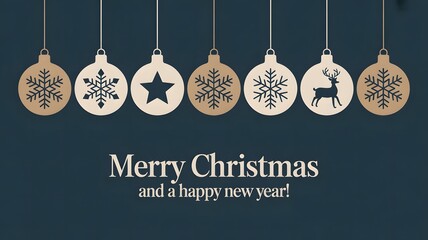 Elegant Christmas and New Year Greeting with Hanging Gold Ornaments