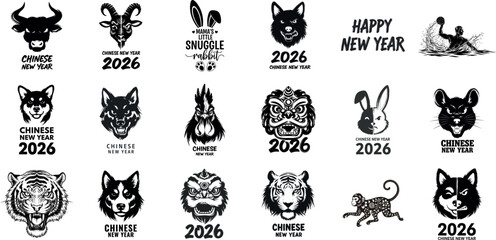 Naklejka premium Collection of zodiac animal heads and symbols for chinese new year celebrations