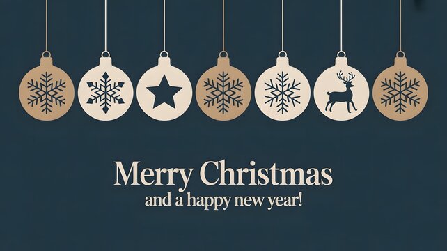 Elegant Christmas and New Year Greeting with Hanging Gold Ornaments