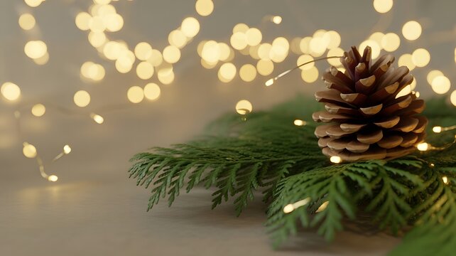Minimalist Christmas Still Life with Pinecone, Fir Branch, and Fairy Lights