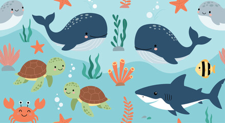 An adorable underwater scene showcasing two whales two cute sea turtles a friendly shark a happy crab a small fish and two seals surrounded by coral and starfish under the sea.