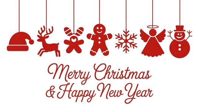 Red Christmas and New Year Greeting with Hanging Ornament Icons